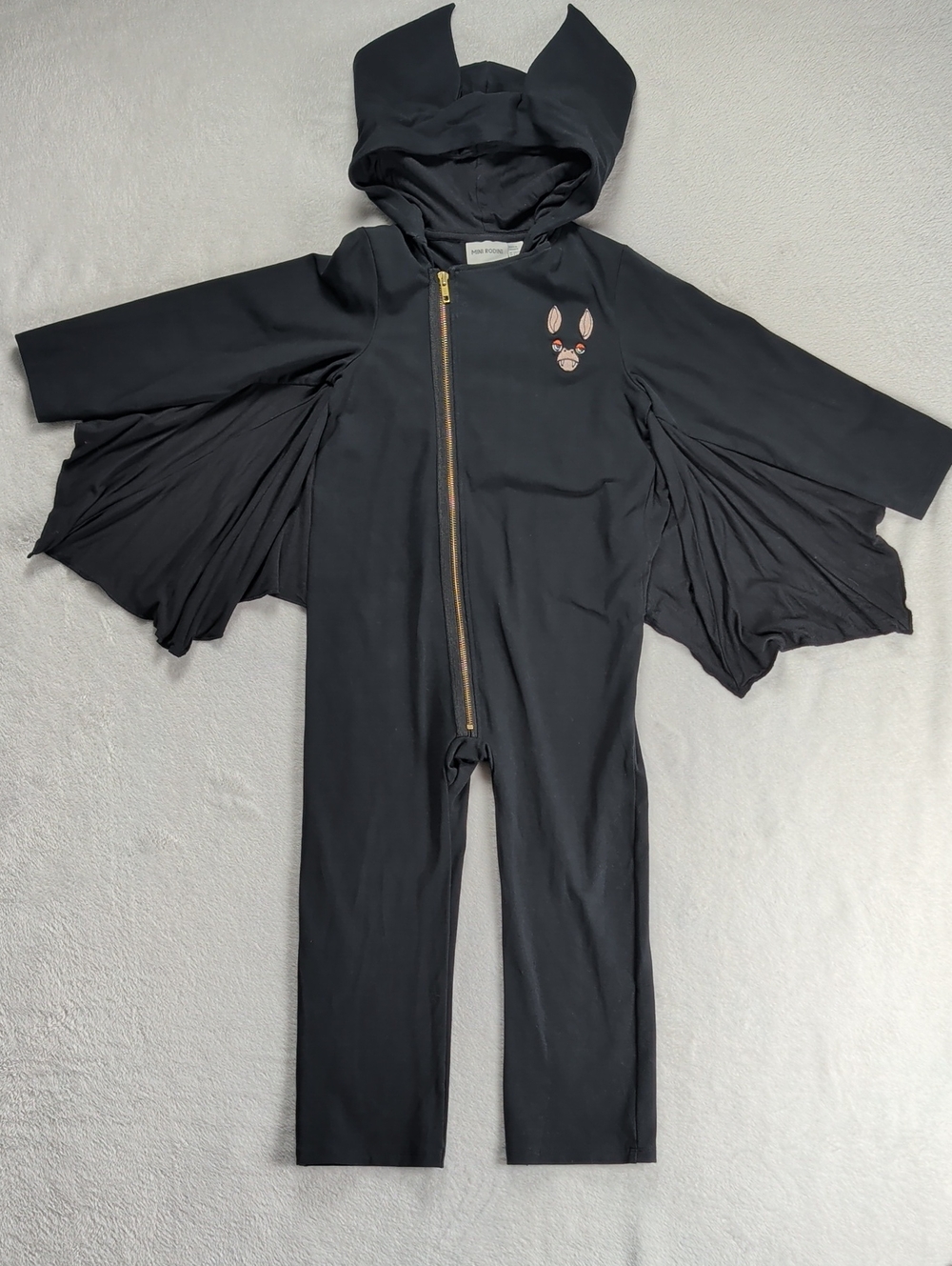 Mini Rodini Kids Black Cotton Blend One-Piece Hooded Bat Wing Jumpsuit 5-7 Years